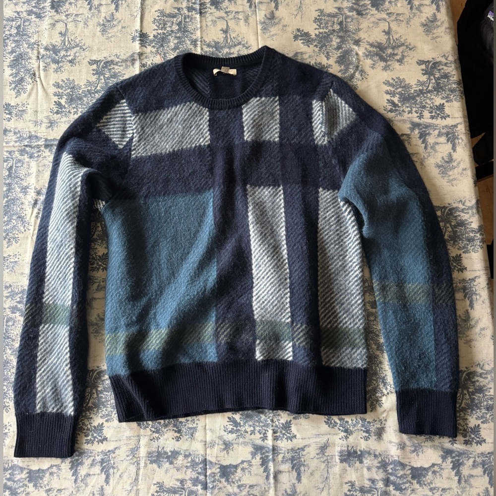 Burberry Navy and Light Blue Check Crewneck Sweater